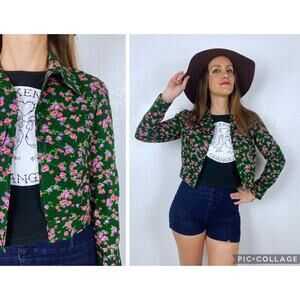 vintage 70s Green FLORAL Print CROPPED JACKET xs/s neon colorful jacket retro
